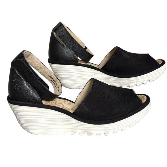 FLY London Yake Perforated Leather Wedge Sandals Black‎ Nubuck Sz 40 White Sole - Picture 5 of 16